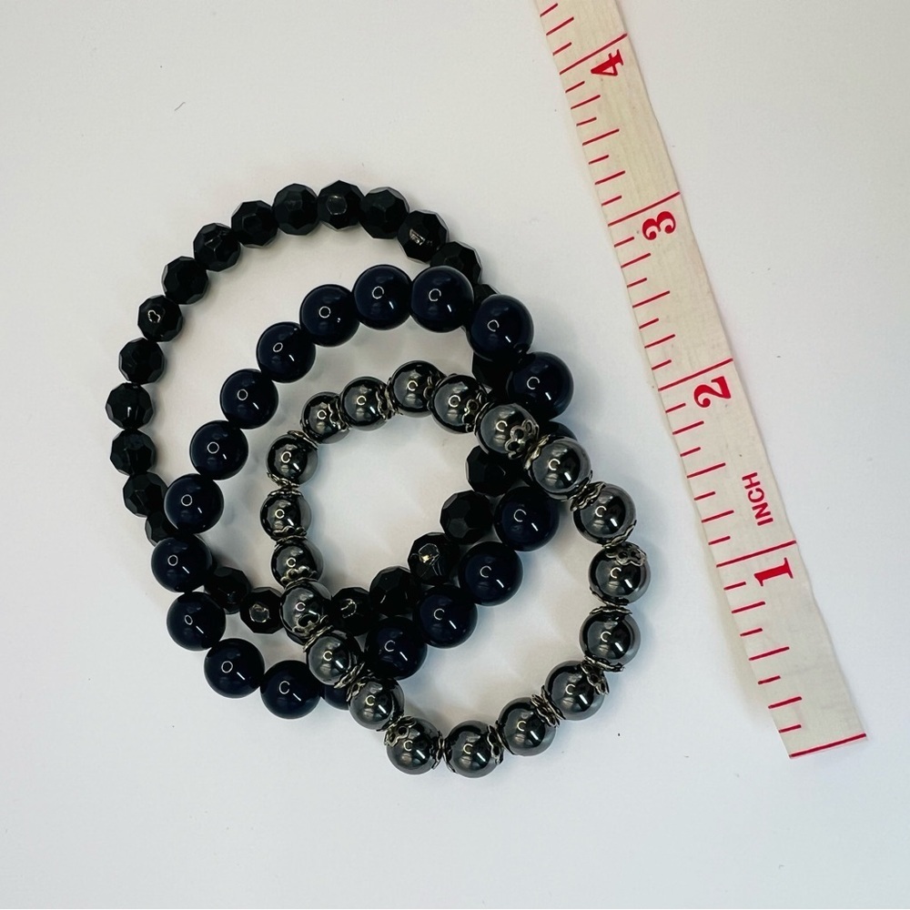 Set of 3 Beaded Stretch Bracelets Dark Gray Navy Blue Black Minimalist Stack